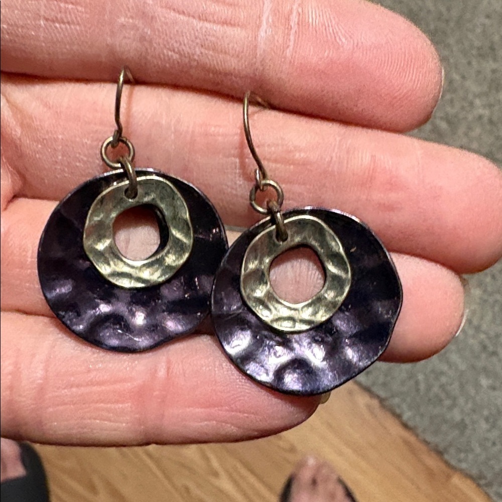 VINTAGE HAMMERED BRASS AND DARK PURPLE DOUBLE CIRCLED HOOK 1.5" EARRINGS